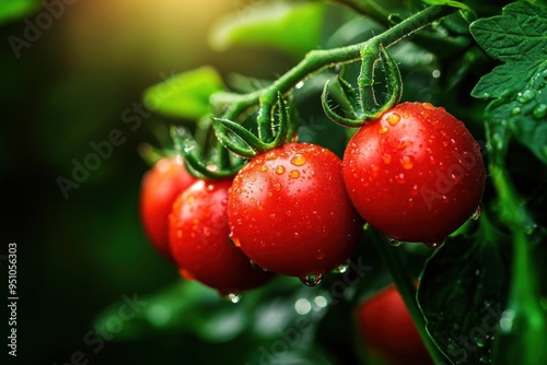 Fresh, vibrant tomatoes glisten with water droplets, showcasing the beauty of nature and healthy gardening.