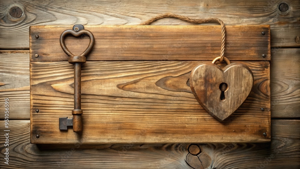 Rustic blank wood sign with heart-shaped key and lock, perfect for adding a touch of love and charm to any space Rustic blank wood sign with heart-shaped key and lock, perfect for adding a touch of love and charm to any space