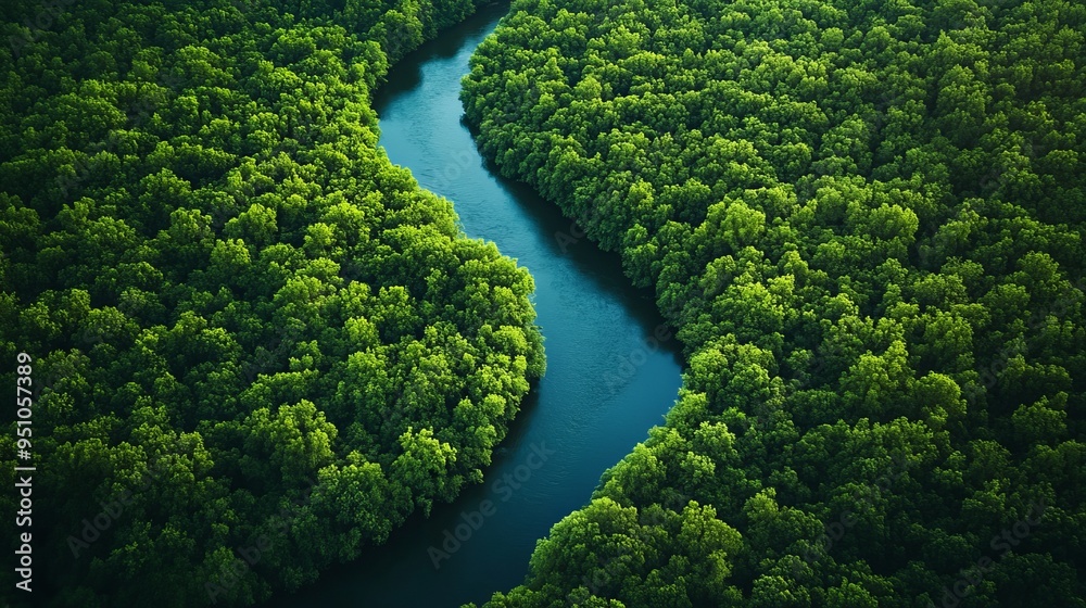Serpentine River Flows Through Lush Forest Canopy: Aerial View Serpentine River Flows Through Lush Forest Canopy: Aerial View