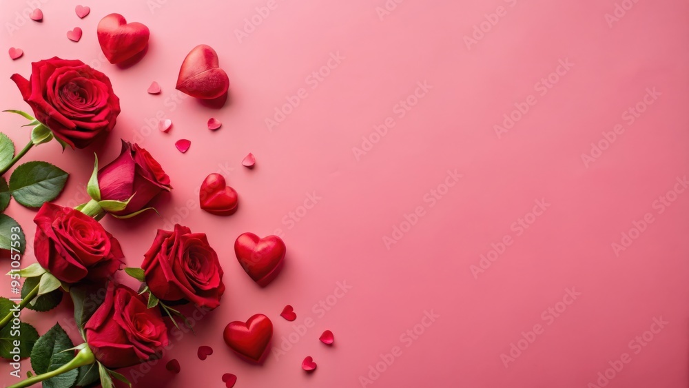 Valentine's Day themed flat lay with red roses, hearts, and copy space on a pink background Valentine's Day themed flat lay with red roses, hearts, and copy space on a pink background