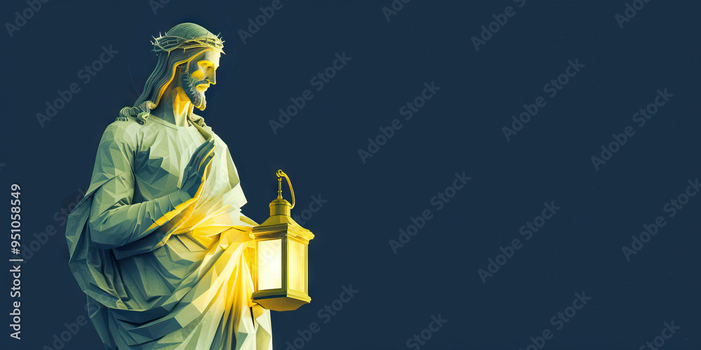 Obraz premium A minimalist statue of Jesus Christ holding a lantern, standing against a deep navy blue background.