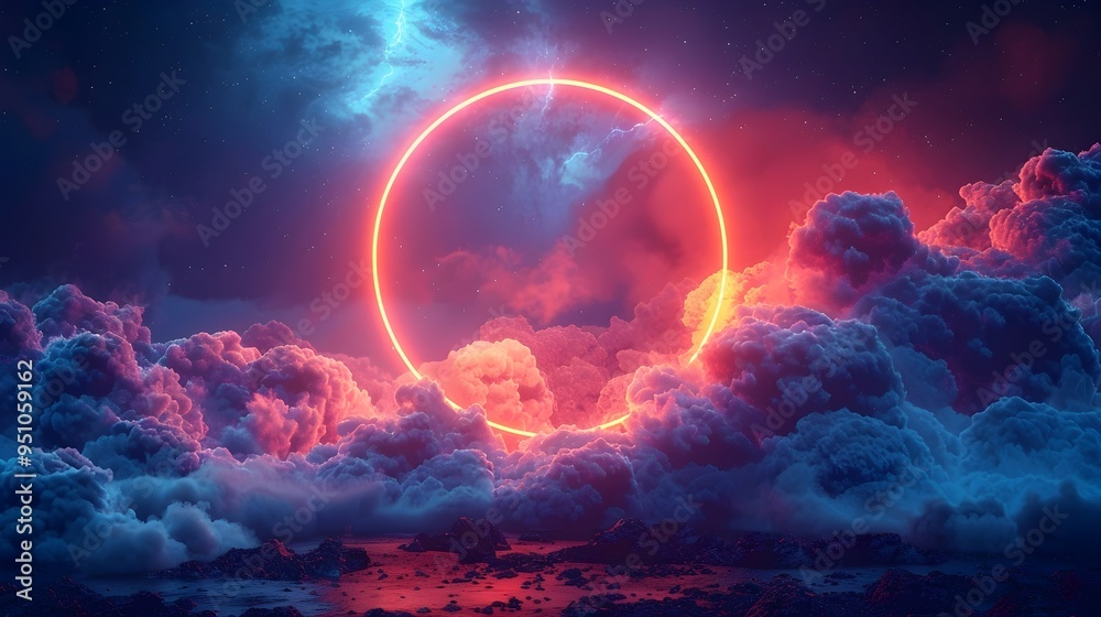 A glowing orange ring hovers above a sea of clouds, creating a surreal and otherworldly scene. A glowing orange ring hovers above a sea of clouds, creating a surreal and otherworldly scene.