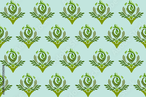 Ikat seamless fabric geometric pattern. European native damask ikat pattern. Green flowers. Light green background. Illustration, Vector, Wallpaper.