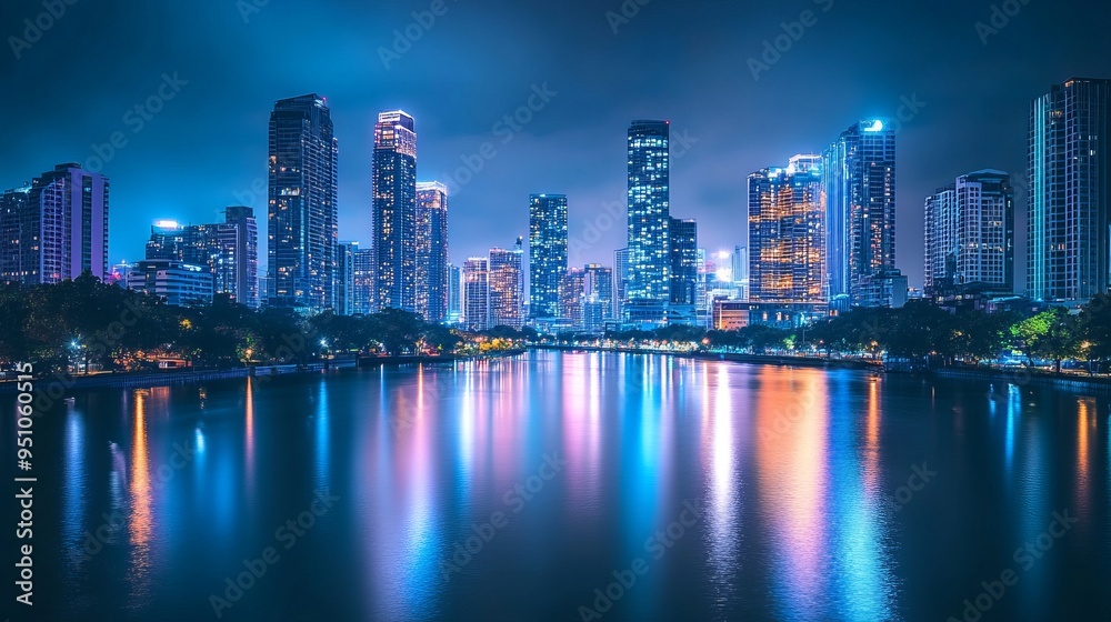 Mesmerizing Night Skyline: City Lights Reflecting on Calm River Mesmerizing Night Skyline: City Lights Reflecting on Calm River