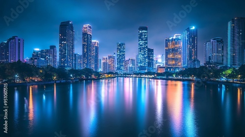 Mesmerizing Night Skyline: City Lights Reflecting on Calm River