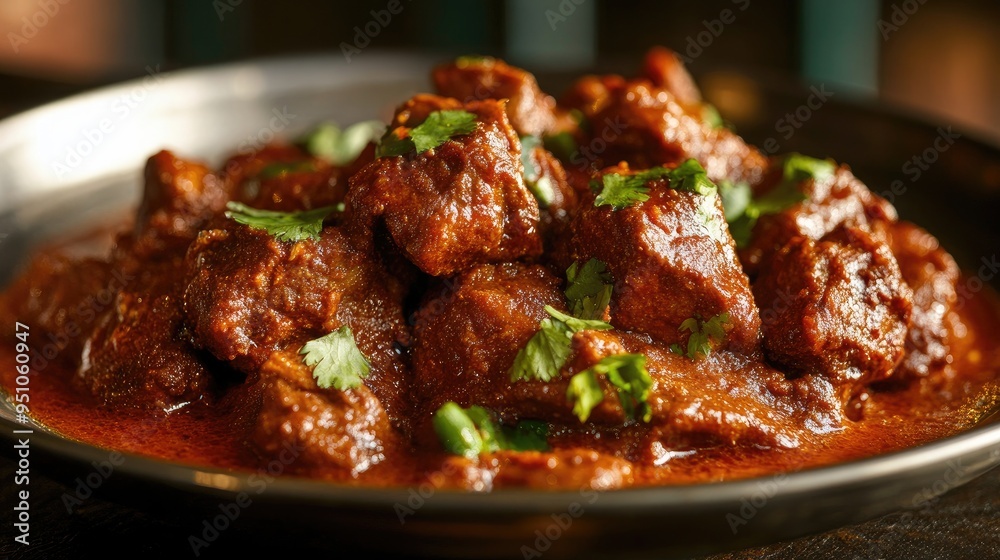 A plate of spicy Indian vindaloo, with tender meat and a rich, fiery sauce. A plate of spicy Indian vindaloo, with tender meat and a rich, fiery sauce.
