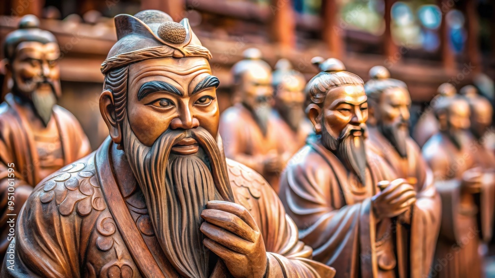 Naklejka premium Clay sculptures of Confucius with students studying Chinese language and culture, selective focus with blurred background and copy space