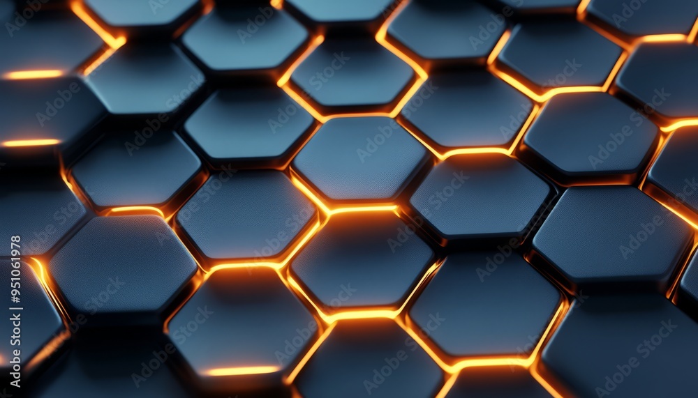Abstract Pattern of Glowing Orange Lines on a Dark Blue Hexagon Surface Abstract Pattern of Glowing Orange Lines on a Dark Blue Hexagon Surface