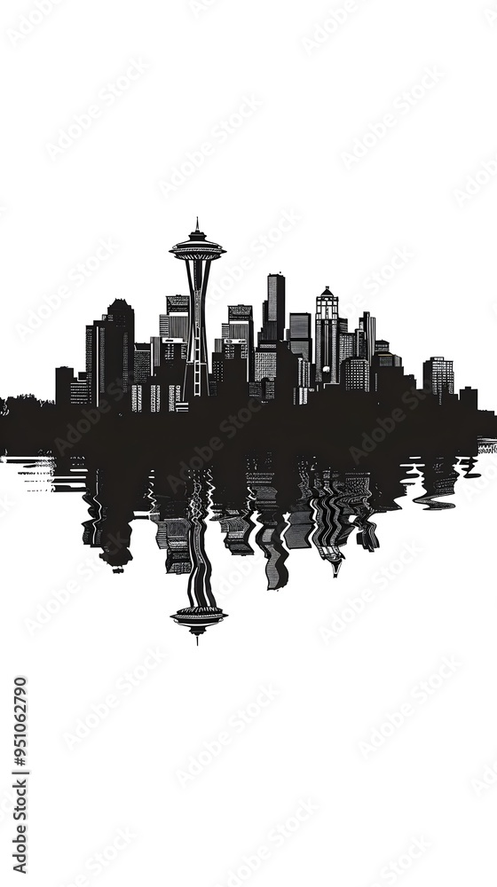 Silhouette of a city skyline with a tall building and its reflection in the water.