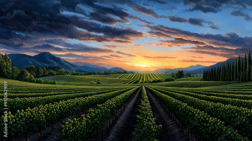 Watercolor depiction of a serene countryside vineyard during sunset, with rows of grapevines and golden light, high-quality, tranquil beauty, wine country serenity Watercolor depiction of a serene countryside vineyard during sunset, with rows of grapevines and golden light, high-quality, tranquil beauty, wine country serenity