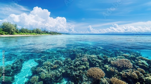 A protected coastal area with clear blue water and thriving marine ecosystems, symbolizing the importance of ocean conservation.