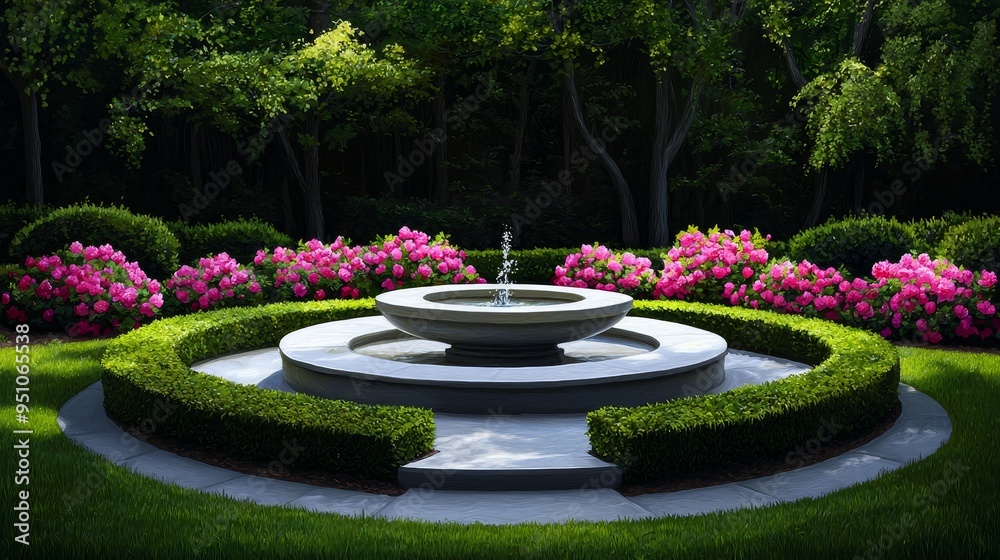 Watercolor painting of a serene garden with a trickling fountain and blooming roses, high-quality, realistic, botanical beauty, peacefulness, elegant tranquility, floral abundance, sensory delight Watercolor painting of a serene garden with a trickling fountain and blooming roses, high-quality, realistic, botanical beauty, peacefulness, elegant tranquility, floral abundance, sensory delight