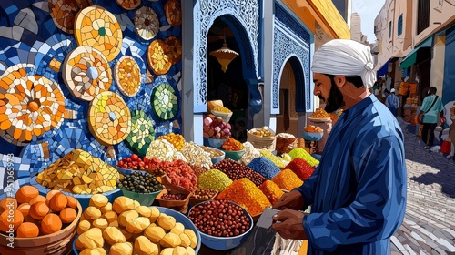 Whimsical watercolor depiction of a vibrant street market in a Moroccan medina, with intricate tiles, spices, and traditional crafts, high-quality, lively atmosphere, exotic flavors