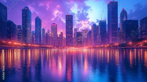 City skyline at dusk with glowing skyscrapers reflecting on a calm river, urban glowtime, serene and modern 