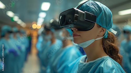 Medical Simulation healthcare professionals using VR technology to simulate surgical procedures or medical scenarios for training purposes, immersive and realistic training opportunities by VR.