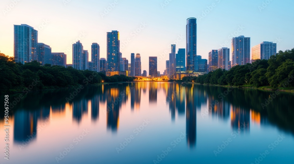 serene cityscape reflection at dawn with golden light, calm water, and majestic skyline. serene cityscape reflection at dawn with golden light, calm water, and majestic skyline.