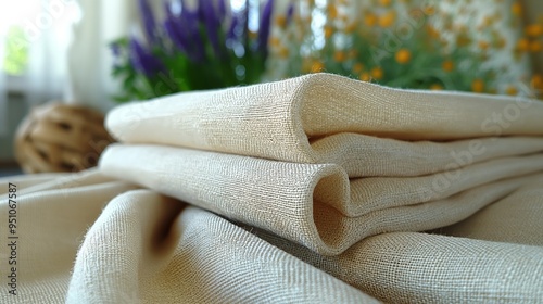 Hypoallergenic fabric. Hypoallergenic eco friendly linen and cotton fabric for tablecloths clothes home textiles bed linen. Textile concept. Fabric concept.