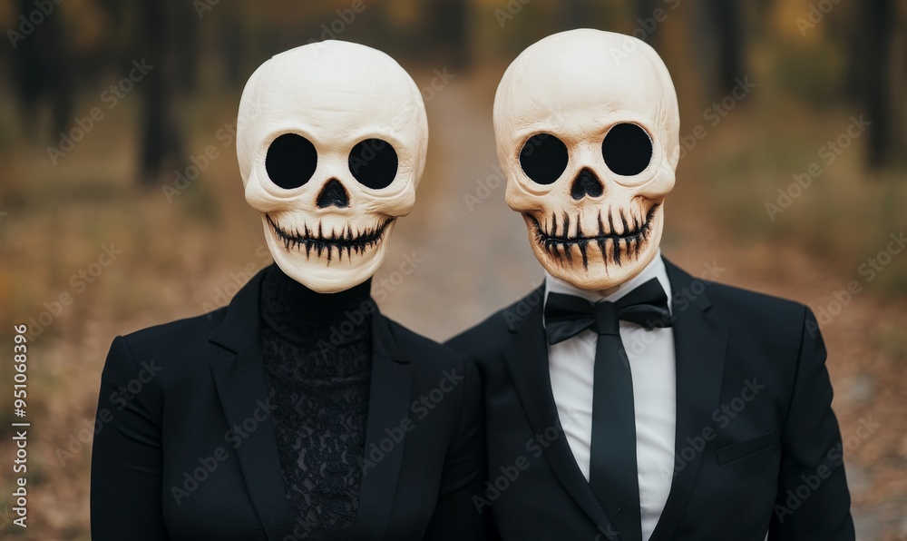 couple in skeleton masks posing in a spooky autumn forest for halloween couple in skeleton masks posing in a spooky autumn forest for halloween