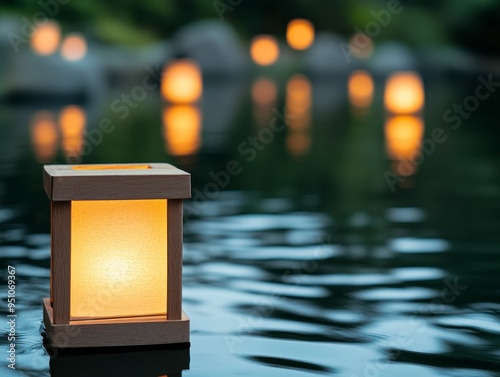 floating lantern on calm water surface with bokeh lights in the background, serene and peaceful atmosphere, japanese garden setting, tranquility, meditation, reflection, zen, evening, night, relaxatio photo