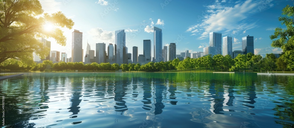 Fototapeta premium Beautiful Environment With Blue Skyscrapers And Clear Water Background