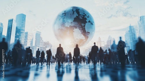 Diverse crowd walks in urban environment with futuristic digital globe
