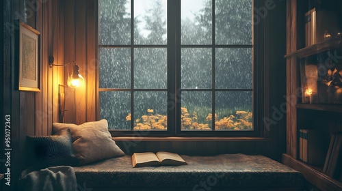 Warm cozy nook by large window during rain soft vintage lighting rustic tones photo