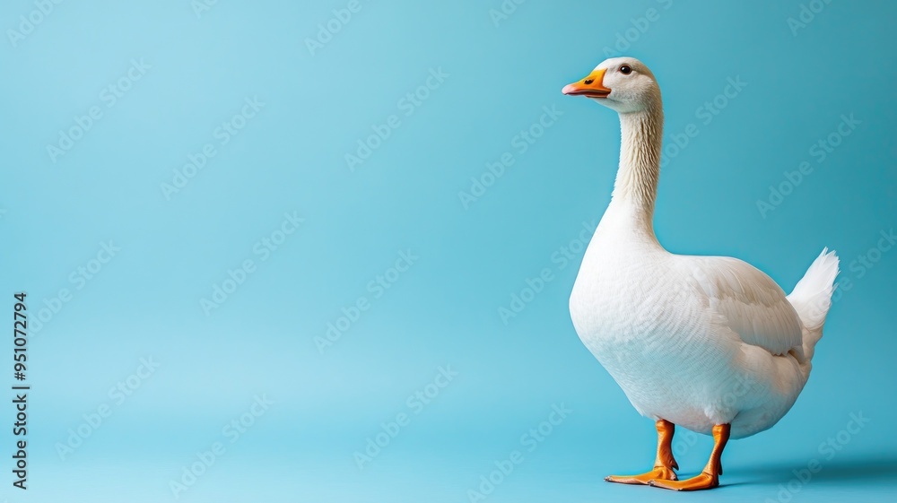 White goose stands on aqua background with yellow feet White goose stands on aqua background with yellow feet