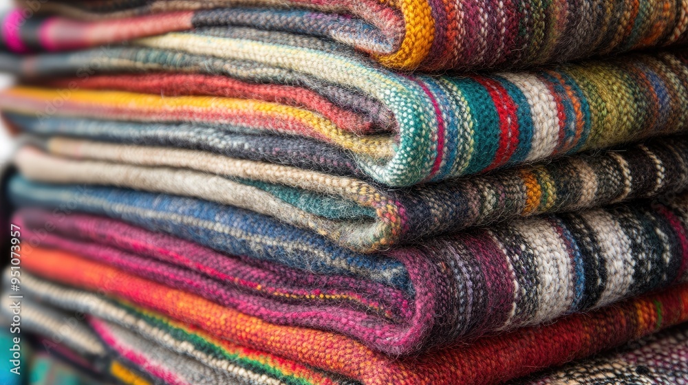 A stack of handwoven Peruvian alpaca wool blankets, representing the craftsmanship and cultural significance of Andean textiles. A stack of handwoven Peruvian alpaca wool blankets, representing the craftsmanship and cultural significance of Andean textiles.