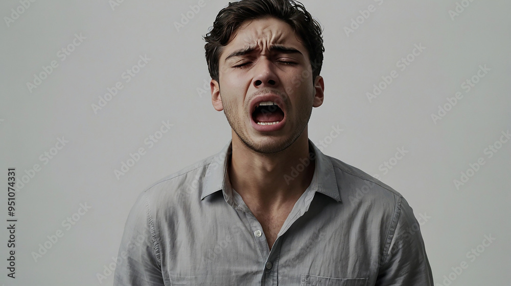 Obraz premium A young man is crying out in overwhelming sorrow. His face shows pure agony, mouth wide open, and his hands clutching his head in despai