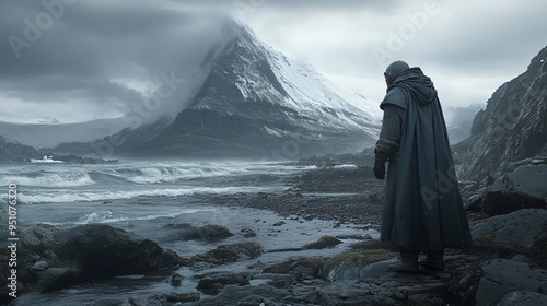 Solitude on a Stormy Shore: A lone wanderer, cloaked figure facing a tempestuous sea and imposing, snow-capped mountain. Evocative of adventure, isolation, and the raw power of nature