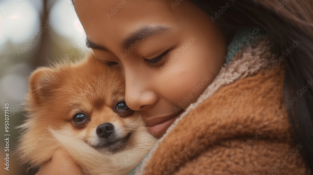 Asian young lady gently holding a pomeranian dog. Asian young lady gently holding a pomeranian dog.