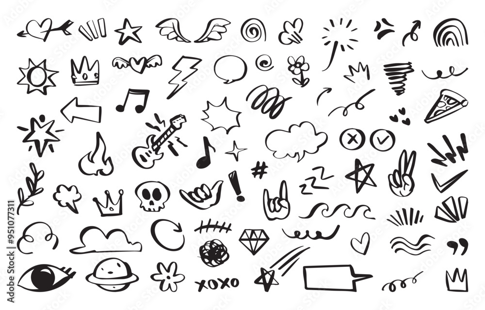 Hand drawn doodles featuring various icons like hearts, stars, and musical notes. Vector cartoon illustration