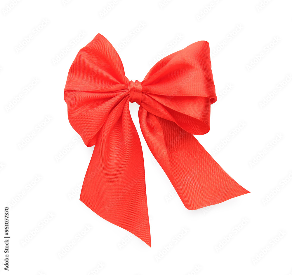 One red satin bow isolated on white, top view One red satin bow isolated on white, top view