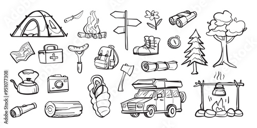 Hand drawn camping doodles including tent, campfire, gear, and trees. Vector cartoon illustration