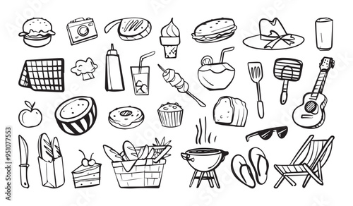 Hand drawn picnic doodles featuring food, drinks, and outdoor gear like BBQ and guitar. Vector cartoon illustration