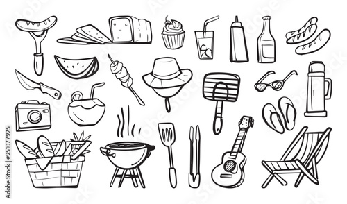 Hand drawn picnic doodles including food, drinks, and outdoor gear like BBQ and guitar. Vector cartoon illustration
