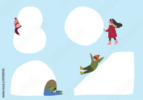雪遊びをする子供フレームセット