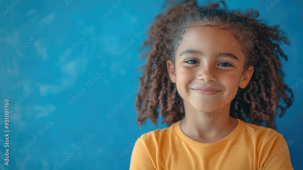 Young child with curly hair smiling against blue background Young child with curly hair smiling against blue background