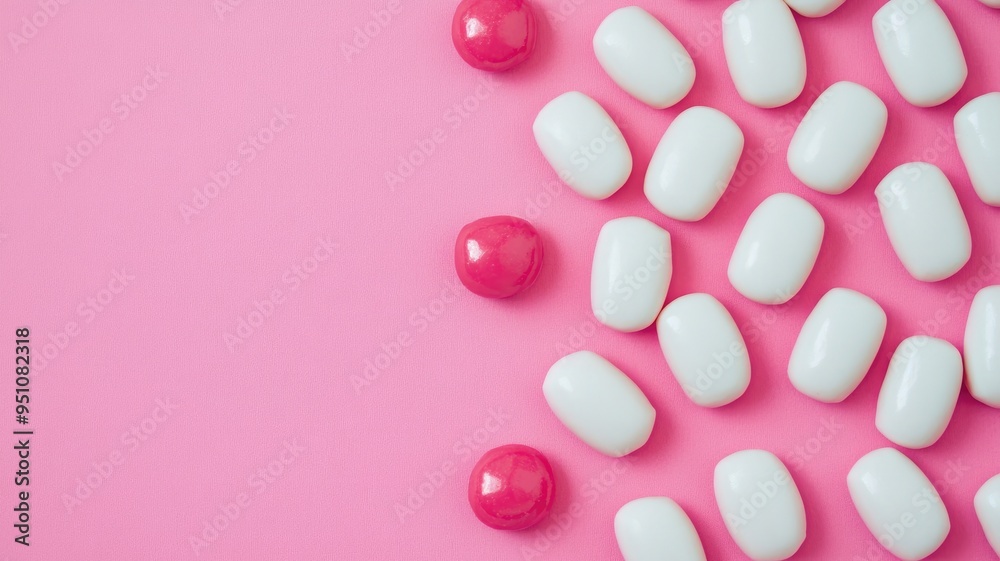 White and pink candies on vibrant background White and pink candies on vibrant background