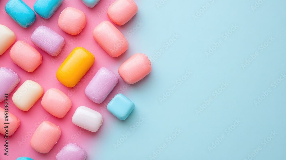 Colorful pastel candies on split pink and blue background Colorful pastel candies on split pink and blue background
