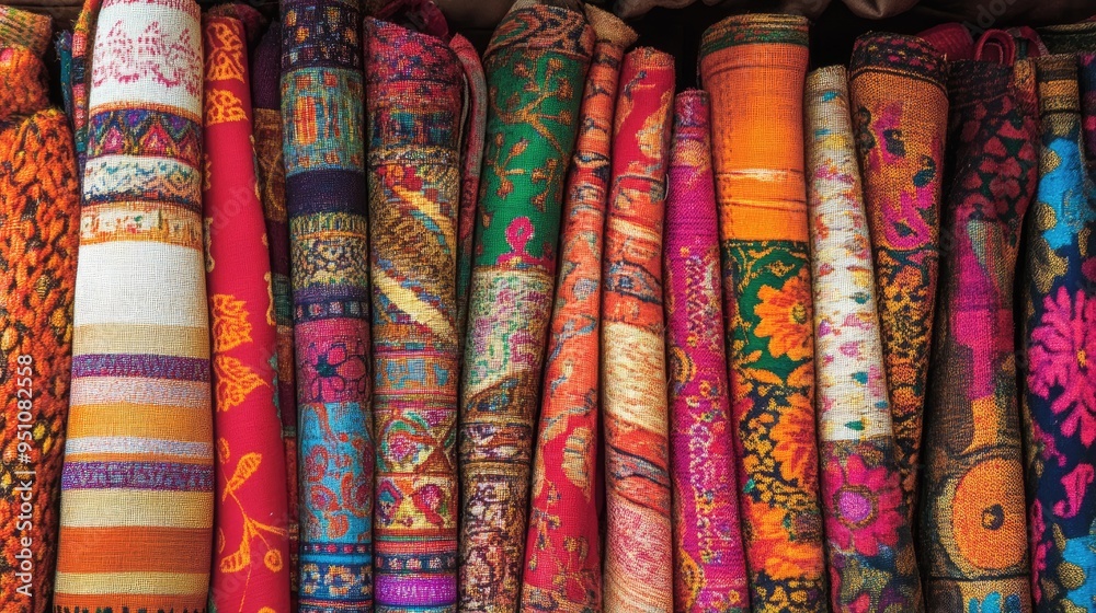 A vibrant display of fabrics from around the world, each with a unique story and cultural significance. A vibrant display of fabrics from around the world, each with a unique story and cultural significance.