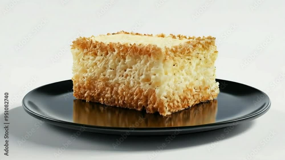 A slice of kasutera, showcasing the moist and fluffy texture with a golden-brown top, served on black plate, isolated on white background A slice of kasutera, showcasing the moist and fluffy texture with a golden-brown top, served on black plate, isolated on white background