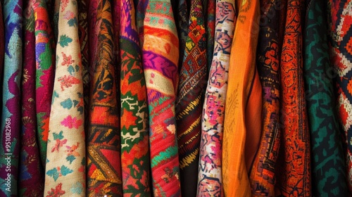 A vibrant display of fabrics from diverse regions, each with a distinct pattern and cultural significance.