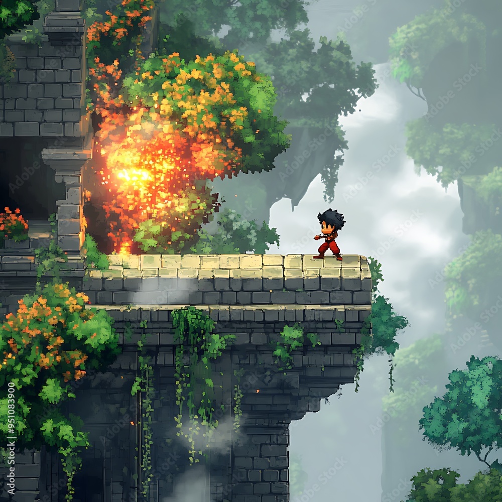 Fototapeta premium A lone figure stands atop a crumbling stone structure, shrouded in mist and overgrown with vibrant flora, suggesting a lost world.