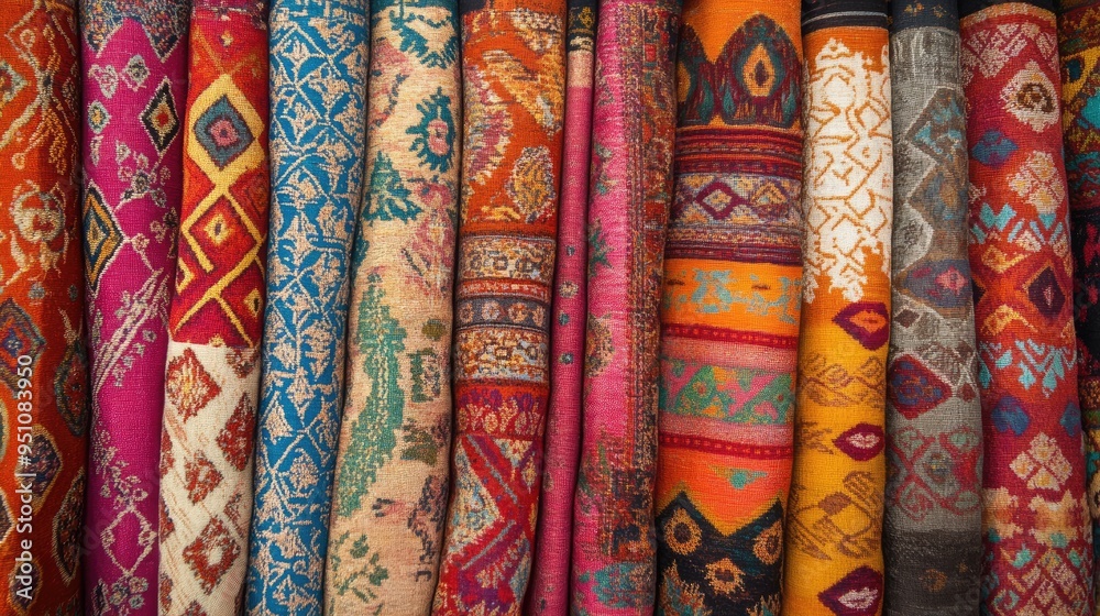 A vibrant display of fabrics from diverse regions, each with a distinct pattern and cultural significance. A vibrant display of fabrics from diverse regions, each with a distinct pattern and cultural significance.