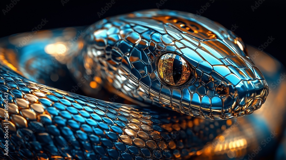 Fototapeta premium Symbol of the new year 2025, illustration of a snake, made in high-tech style. Metal scales of a snake.