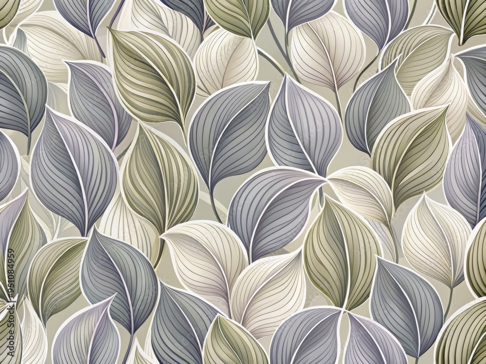 Serene seamless pattern of Hosta leaves in soft gray, mauve, and beige, with subtle texture and elegant curves, perfect for modern home decor, gift wrapping, or digital papers. Serene seamless pattern of Hosta leaves in soft gray, mauve, and beige, with subtle texture and elegant curves, perfect for modern home decor, gift wrapping, or digital papers.