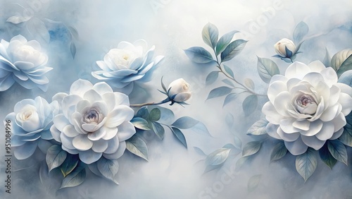 Ethereal gardenia flowers suspended in a misty white background, soft watercolor brushstrokes evoking a sense of weightlessness, gentle blue-grey hues whispering hints of serenity.