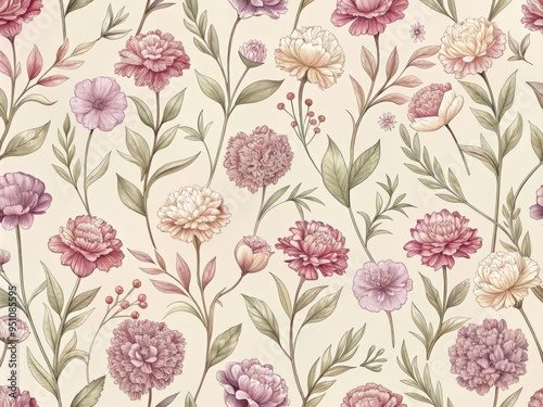 Vintage-inspired repeat of stylized carnations in muted rose and dusty lavender tones, set amidst delicate lines and subtle florals on a creamy ivory background.