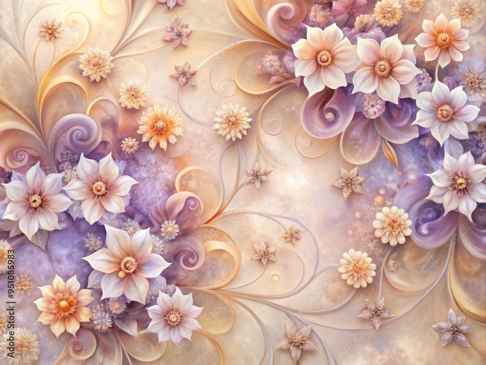Intricate, hand-painted heliotrope blossoms in shades of pale lavender, peach, and cream, arranged in a intricate, swirling pattern on a soft, misty background. Intricate, hand-painted heliotrope blossoms in shades of pale lavender, peach, and cream, arranged in a intricate, swirling pattern on a soft, misty background.